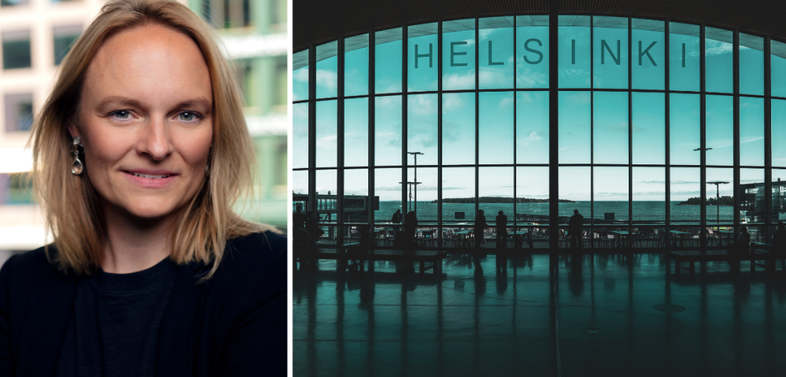 Picture of caroline Falconer and view from Helsinki airport